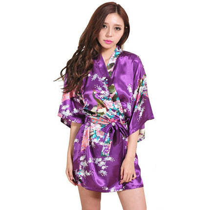 Women printing Robe Satin Sleepwear Kimono Sexy Silk Robes