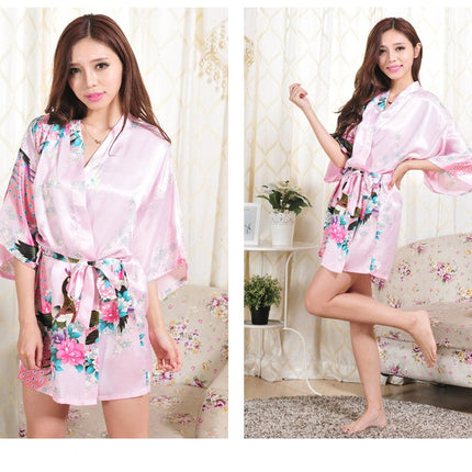 Women printing Robe Satin Sleepwear Kimono Sexy Silk Robes