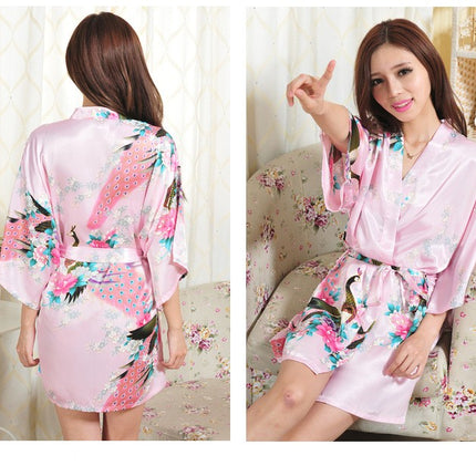 Women printing Robe Satin Sleepwear Kimono Sexy Silk Robes