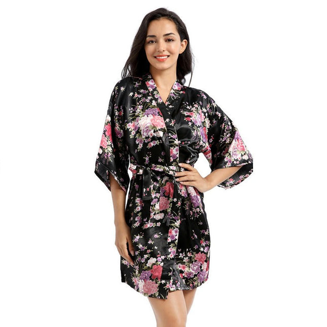 Women's Floral Silky Robes Satin Short Kimono Bathrobe Soft Sleepwear