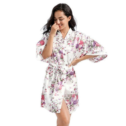 Women's Floral Silky Robes Satin Short Kimono Bathrobe Soft Sleepwear