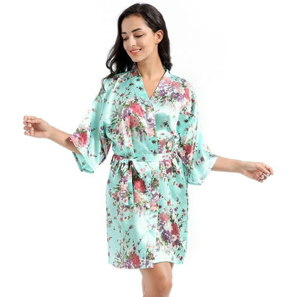 Women's Floral Silky Robes Satin Short Kimono Bathrobe Soft Sleepwear