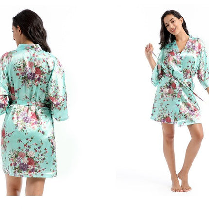 Women's Floral Silky Robes Satin Short Kimono Bathrobe Soft Sleepwear