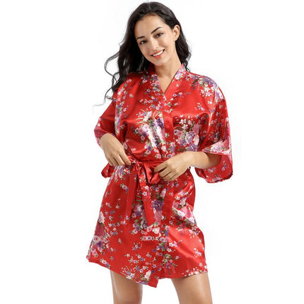 Women's Floral Silky Robes Satin Short Kimono Bathrobe Soft Sleepwear