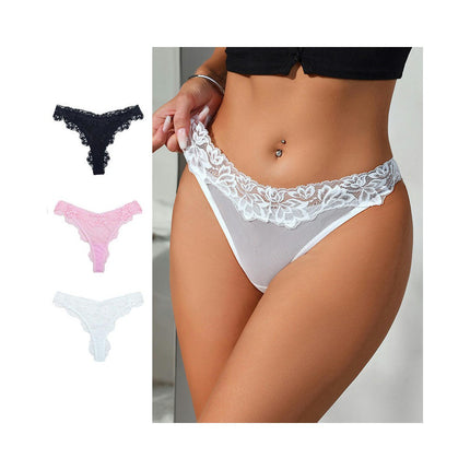 Women's Thongs Lace Thong Panties Mid Waist Underwear Sexy Briefs 3 Pack