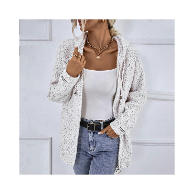 Women Solid Color Chenille Hooded Zipper Sweater Casual Sweater Cardigan Jacket