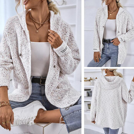 Women Solid Color Chenille Hooded Zipper Sweater Casual Sweater Cardigan Jacket