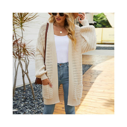 Women's Solid Color Hollow Pocket Knit Cardigan Autumn and Winter Long Lantern Sleeve Sweater