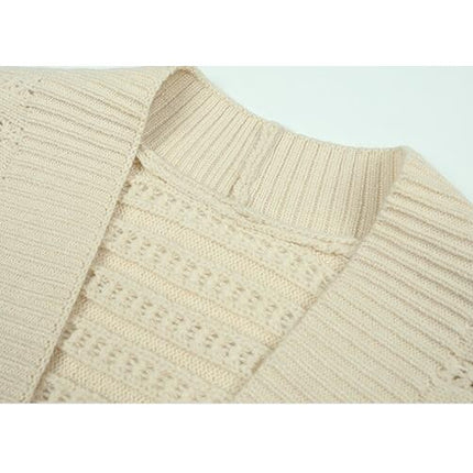 Women's Solid Color Hollow Pocket Knit Cardigan Autumn and Winter Long Lantern Sleeve Sweater