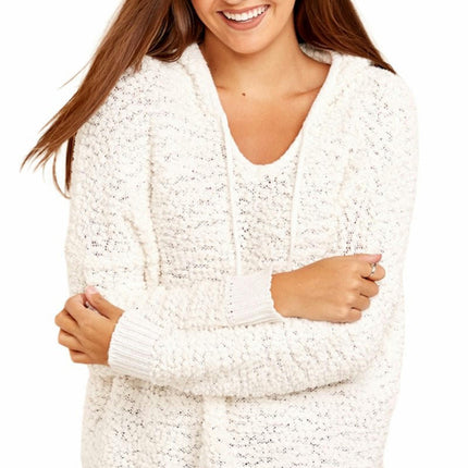 Women's Short Hooded Knit Fleece Solid Color Pullover Split Sweater Top