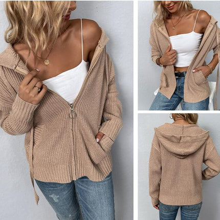 Women Solid Color Hooded Zipper Knit Sweater Drawstring Pocket Sweater Women Cardigan Jacket