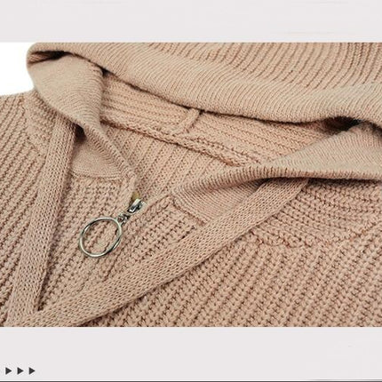 Women Solid Color Hooded Zipper Knit Sweater Drawstring Pocket Sweater Women Cardigan Jacket