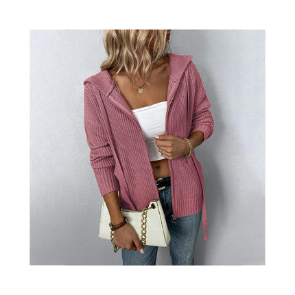 Women Solid Color Hooded Zipper Knit Sweater Drawstring Pocket Sweater Women Cardigan Jacket