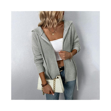 Women Solid Color Hooded Zipper Knit Sweater Drawstring Pocket Sweater Women Cardigan Jacket