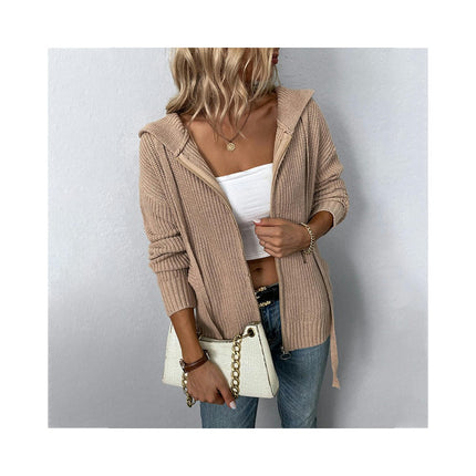 Women Solid Color Hooded Zipper Knit Sweater Drawstring Pocket Sweater Women Cardigan Jacket