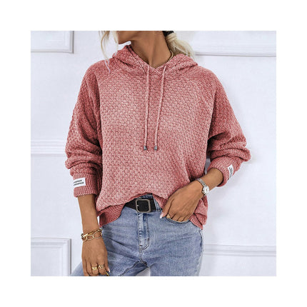 Women Solid Color Pullover Hooded Short Sweater Drawstring Casual Knit Jacket