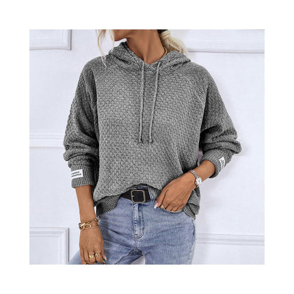 Women Solid Color Pullover Hooded Short Sweater Drawstring Casual Knit Jacket