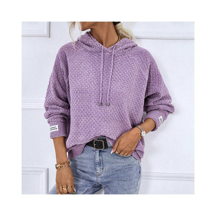 Women Solid Color Pullover Hooded Short Sweater Drawstring Casual Knit Jacket