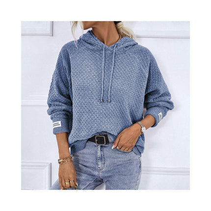 Women Solid Color Pullover Hooded Short Sweater Drawstring Casual Knit Jacket