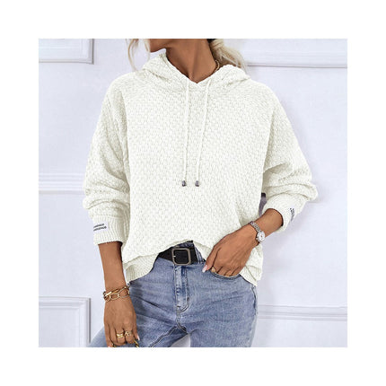 Women Solid Color Pullover Hooded Short Sweater Drawstring Casual Knit Jacket