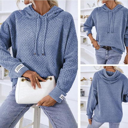 Women Solid Color Pullover Hooded Short Sweater Drawstring Casual Knit Jacket