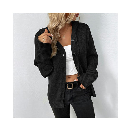 Women Solid Color Hooded Single Breasted Short Sweater Drawstring Knit Cardigan Jacket