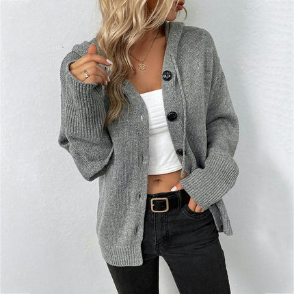 Women Solid Color Hooded Single Breasted Short Sweater Drawstring Knit Cardigan Jacket