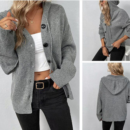 Women Solid Color Hooded Single Breasted Short Sweater Drawstring Knit Cardigan Jacket