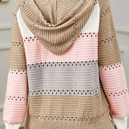 Women's Hooded Knit Zipper Jacket Colorblocked Hollow Knit Shirt Casual Versatile Top