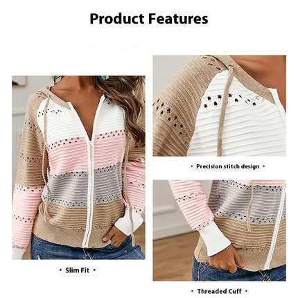 Women's Hooded Knit Zipper Jacket Colorblocked Hollow Knit Shirt Casual Versatile Top