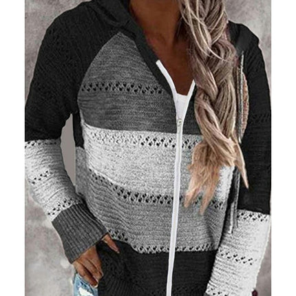 Women's Zipper Open Chest Hooded Knit Jacket Colorblocked Hollow Out Knit Cardigan