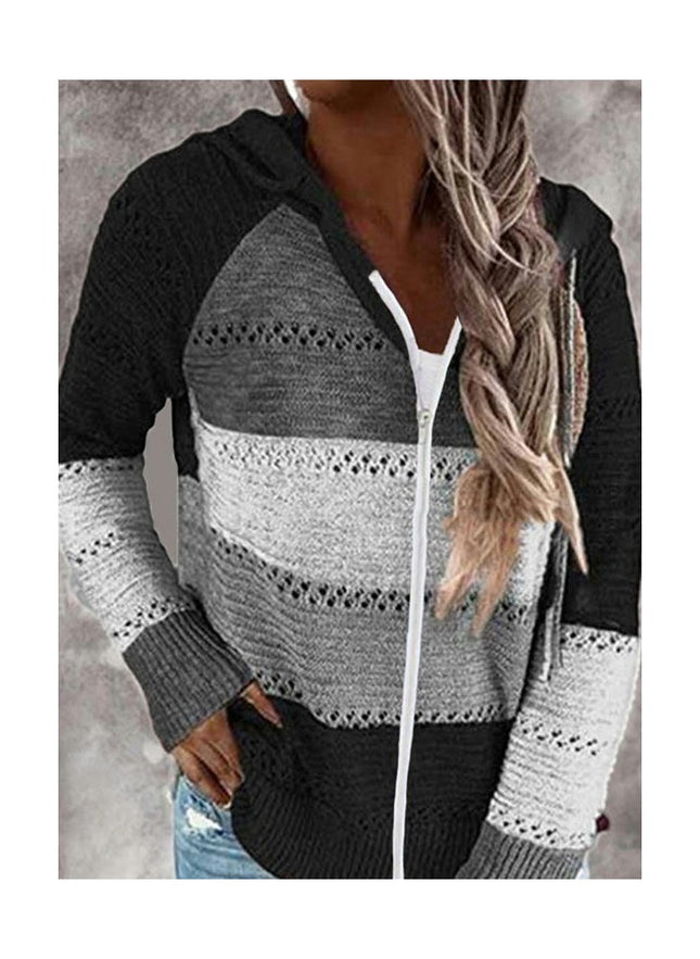 Women's Zipper Open Chest Hooded Knit Jacket Colorblocked Hollow Out Knit Cardigan