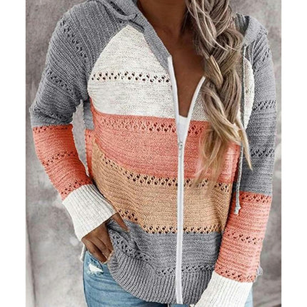 Women's Zipper Open Chest Hooded Knit Jacket Colorblocked Hollow Out Knit Cardigan