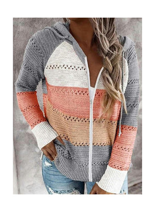 Women's Zipper Open Chest Hooded Knit Jacket Colorblocked Hollow Out Knit Cardigan