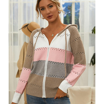 Women's Zipper Open Chest Hooded Knit Jacket Colorblocked Hollow Out Knit Cardigan