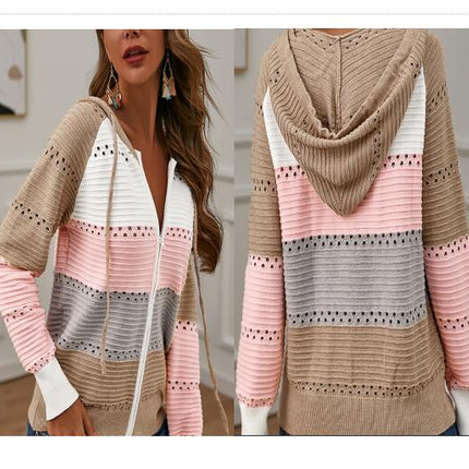 Women's Zipper Open Chest Hooded Knit Jacket Colorblocked Hollow Out Knit Cardigan