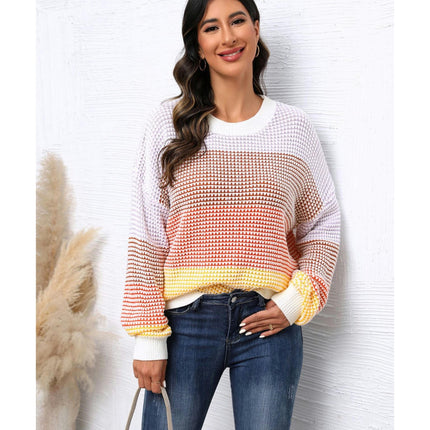 Women's Casual Sweater Loose Large Size Round Neck Colorblocked Knit Sweater Top