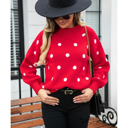 Women's Long Sleeve Round Neck Knit Sweater Dot Casual Pullover Sweater