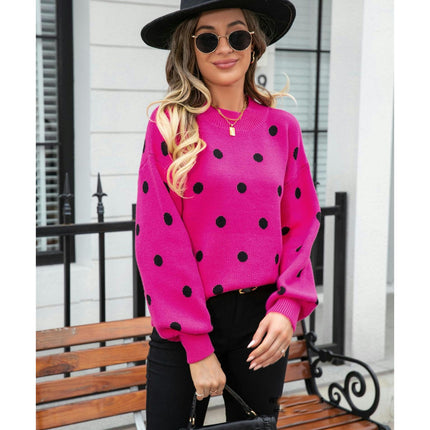 Women's Long Sleeve Round Neck Knit Sweater Dot Casual Pullover Sweater