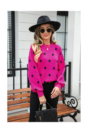 Women's Long Sleeve Round Neck Knit Sweater Dot Casual Pullover Sweater