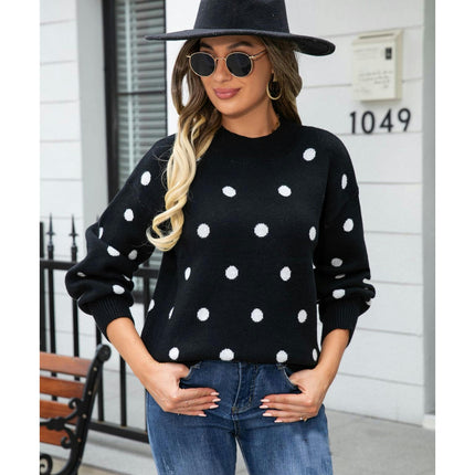 Women's Long Sleeve Round Neck Knit Sweater Dot Casual Pullover Sweater