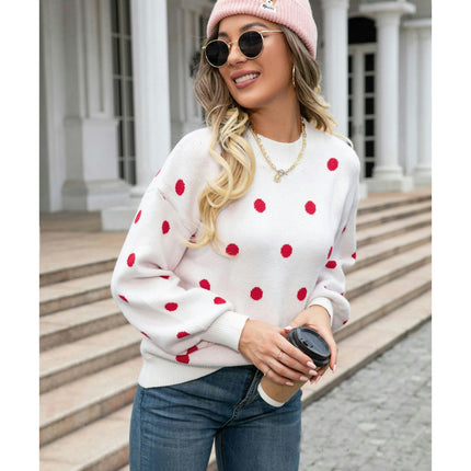 Women's Long Sleeve Round Neck Knit Sweater Dot Casual Pullover Sweater