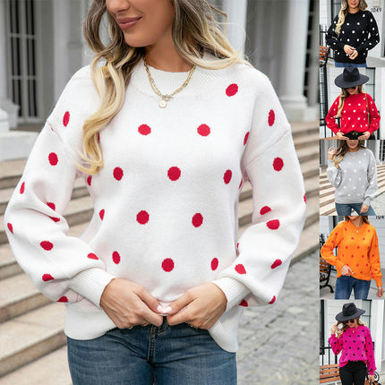 Women's Long Sleeve Round Neck Knit Sweater Dot Casual Pullover Sweater