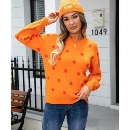 Women's Long Sleeve Round Neck Knit Sweater Dot Casual Pullover Sweater