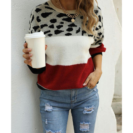 Women's Long Sleeve Seahorse Hair Patchwork Color Round Neck Sweater Loose Casual Pullover Knit Sweater