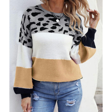 Women's Long Sleeve Seahorse Hair Patchwork Color Round Neck Sweater Loose Casual Pullover Knit Sweater