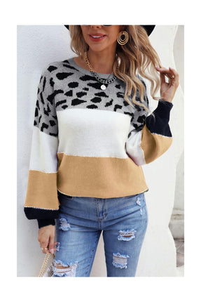 Women's Long Sleeve Seahorse Hair Patchwork Color Round Neck Sweater Loose Casual Pullover Knit Sweater