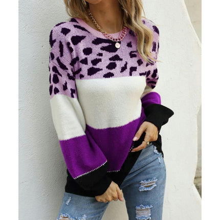 Women's Long Sleeve Seahorse Hair Patchwork Color Round Neck Sweater Loose Casual Pullover Knit Sweater