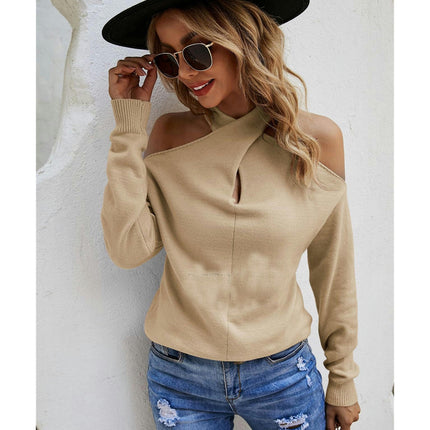 Women's Solid Color Long Sleeve Knit Sweater Hanging Neck Cross Sexy Strapless Sweater Top