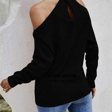 Women's Solid Color Long Sleeve Knit Sweater Hanging Neck Cross Sexy Strapless Sweater Top